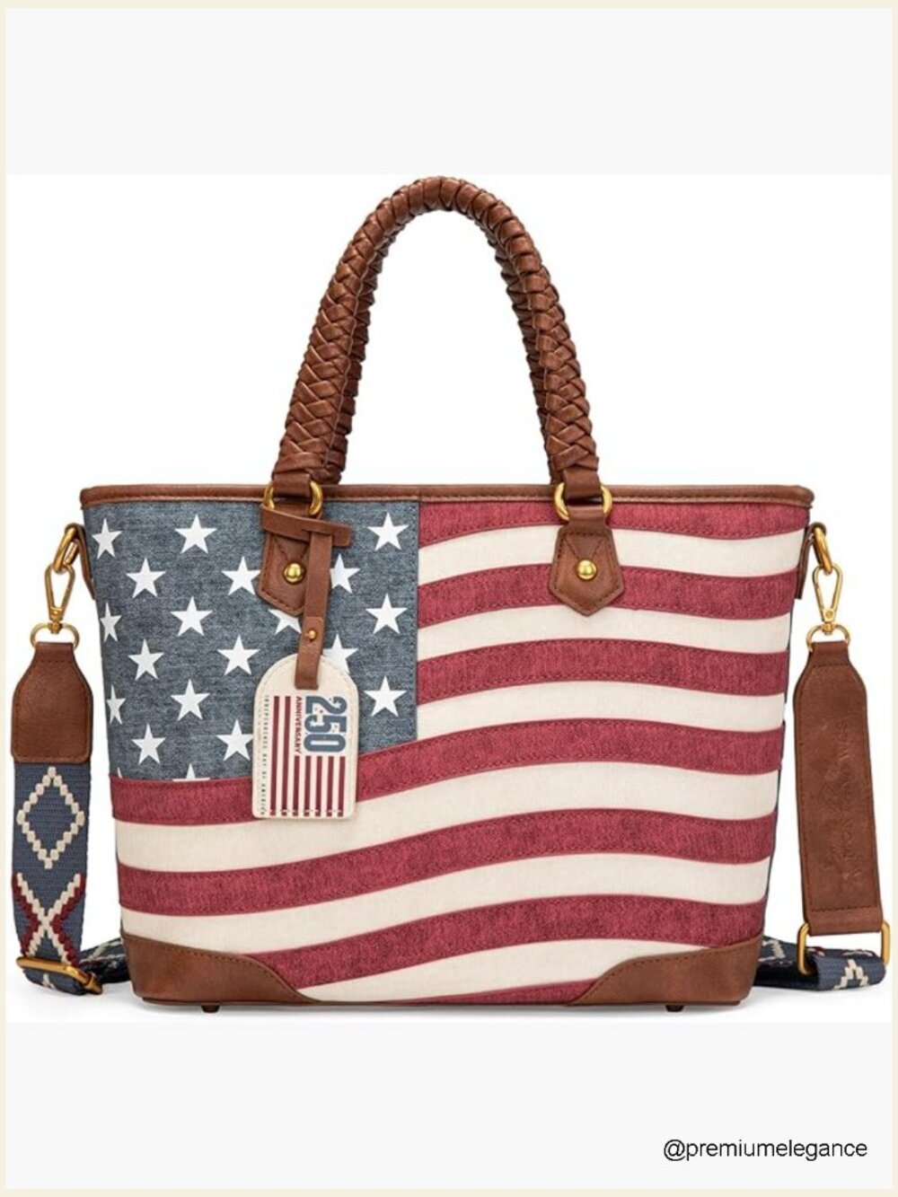 Vintage Patriotic Tote Bag with Braided Handles and Crossbody Strap